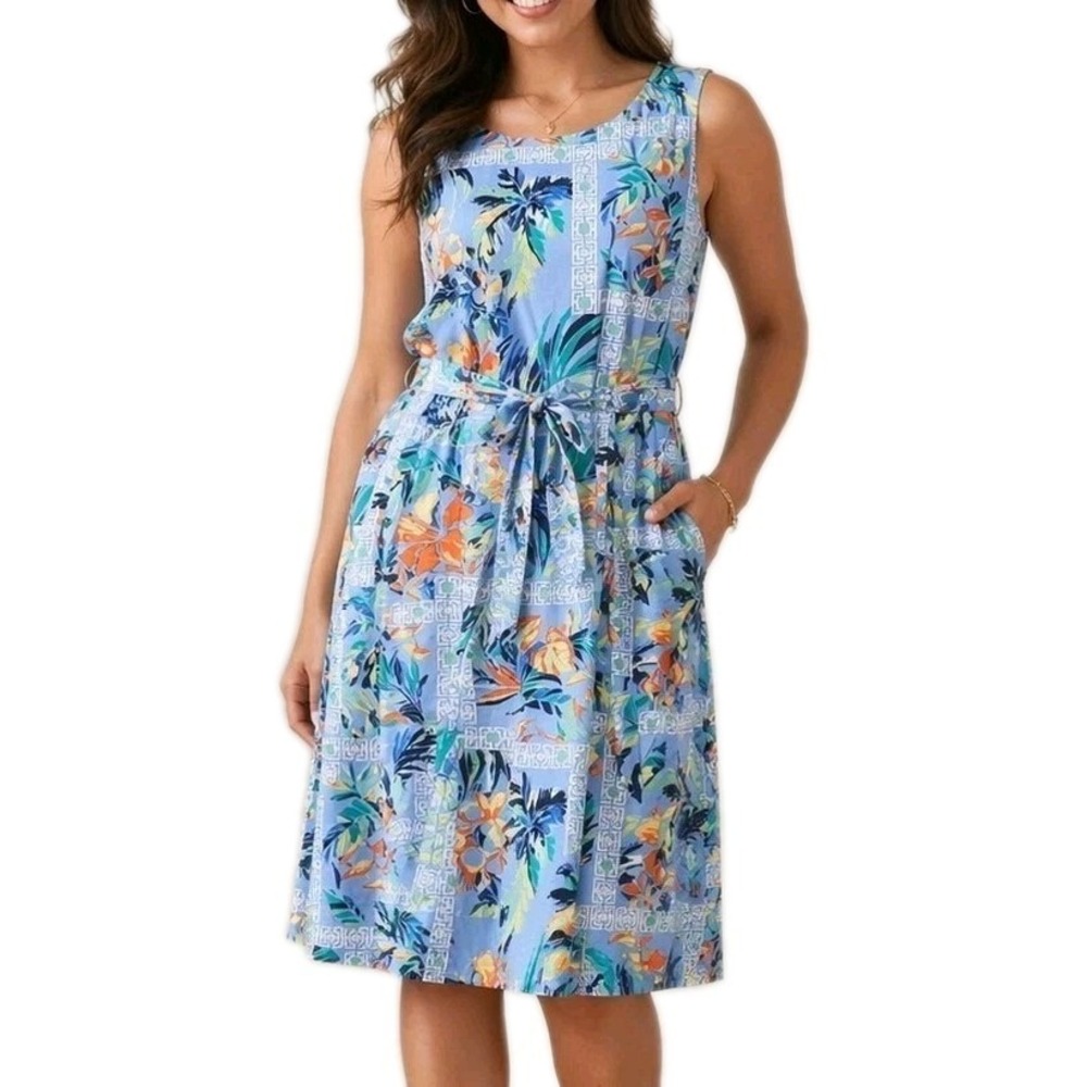Tori Richard Hawaiian Dress 16 Blue Stretch Cotton Tropical Sleeveless Pockets